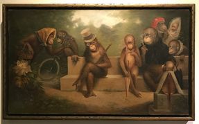 Extraordinary turn of the century oil on canvas depicting a family of monkeys in human pose and form. Fine Art painting